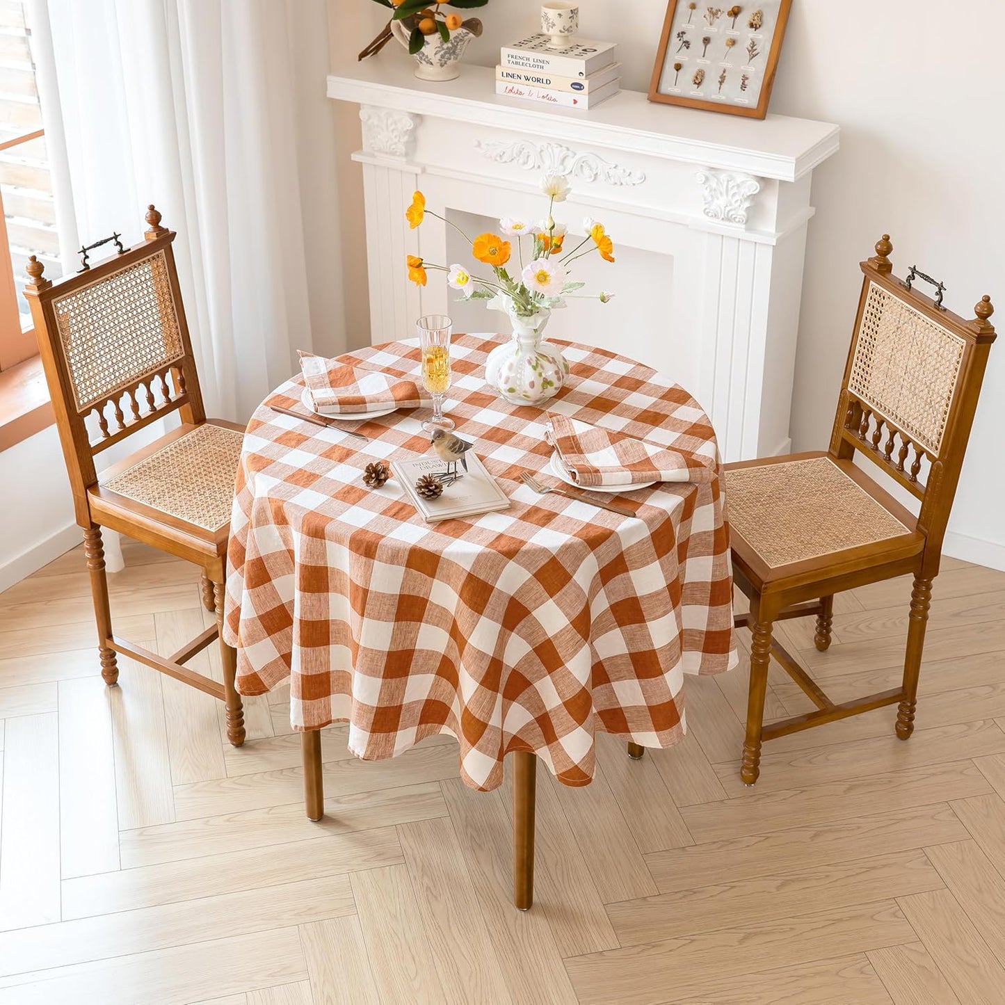 Linen World Gingham Tablecloth – Buffalo Plaid Round Linen Tablecloth 90" Inch,100% French Flax Table Cloth for Dining Table,Weddings,Thanksgiving & Christmas Decor,Rust Checkered