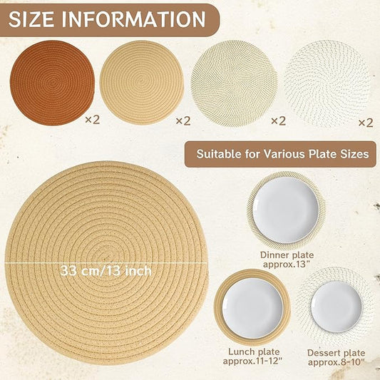 Kochorie Set of 8 Round Woven Cotton Placemats, 13 Inch Boho Table Mats for Kitchen and Dining Table, Farmhouse Heat Resistant Washable Trivets, Fall Thanksgiving Christmas Décor (Mixed Brown)