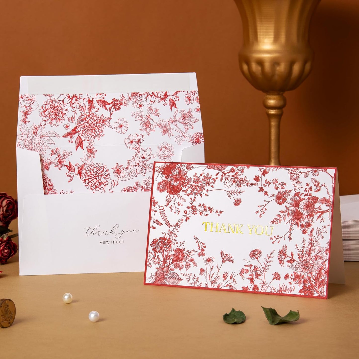 Crisky Red Floral Thank You Cards Gold Foil Greeting Notes Bulk with Envelopes & Stickers (25 Pack) for Birthday, Baby Shower, Bridal Shower, Wedding, Graduation