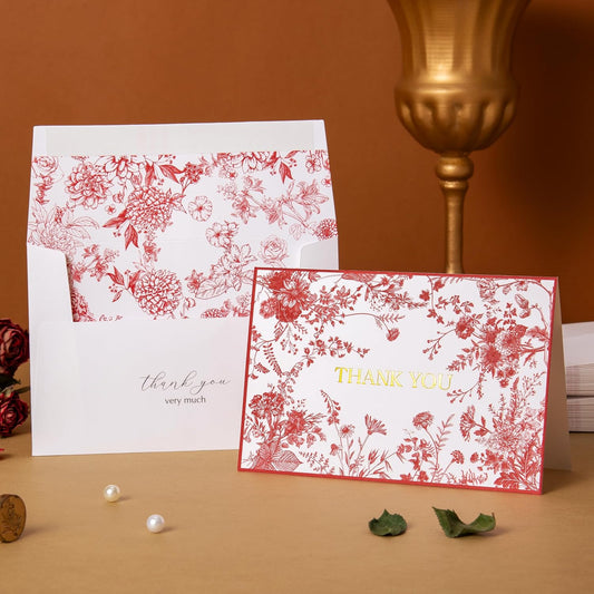 Crisky Red Floral Thank You Cards Gold Foil Greeting Notes Bulk with Envelopes & Stickers (25 Pack) for Birthday, Baby Shower, Bridal Shower, Wedding, Graduation