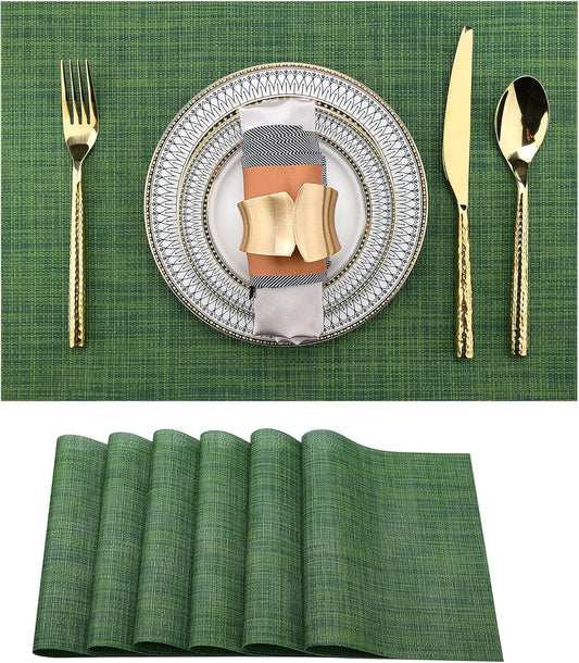 SLKQG Green Placemats Set of 6 - Wipe Clean Vinyl Placemats - Washable Heat Resistant PVC Table Mats for Dining Table - 17x12 Inch (Green, 6)