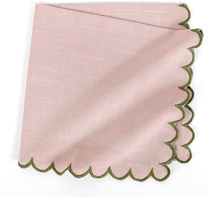 FINGERCRAFT Cloth Napkins, Everyday Use Scallop Design, Premium Quality Cotton Napkin Set of 6 Perfect for Parties Dinners Weddings Easter Napkin Cloth 20x20 inch Pink/Olive Green