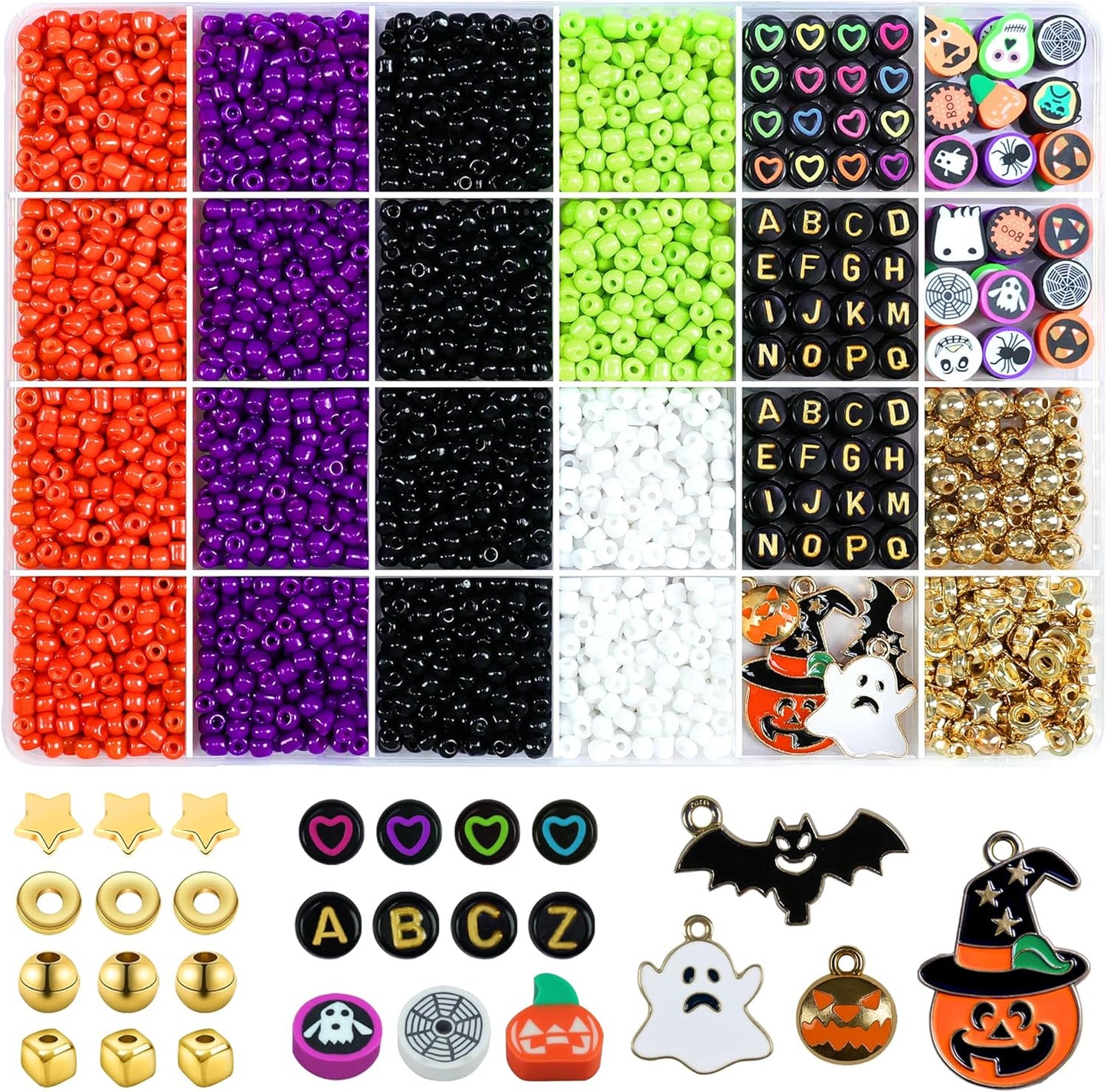 Redtwo Halloween 4mm Glass Seed Beads for Jewelry Bracelet Making Kit, Friendship Bracelet Kit, Letter and Polymer Clay Beads, DIY Art Craft Girls Gifts.