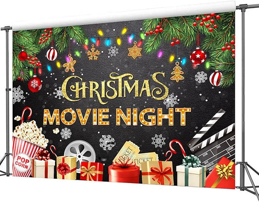 Homewelle Christmas Movie Night Party Backdrop 7Wx5H Feet Polyester Fabric Winter Merry Xmas Presents Holiday Snowflake Decoration Festival Photo Supplies Photography Background Photo Shoot Props