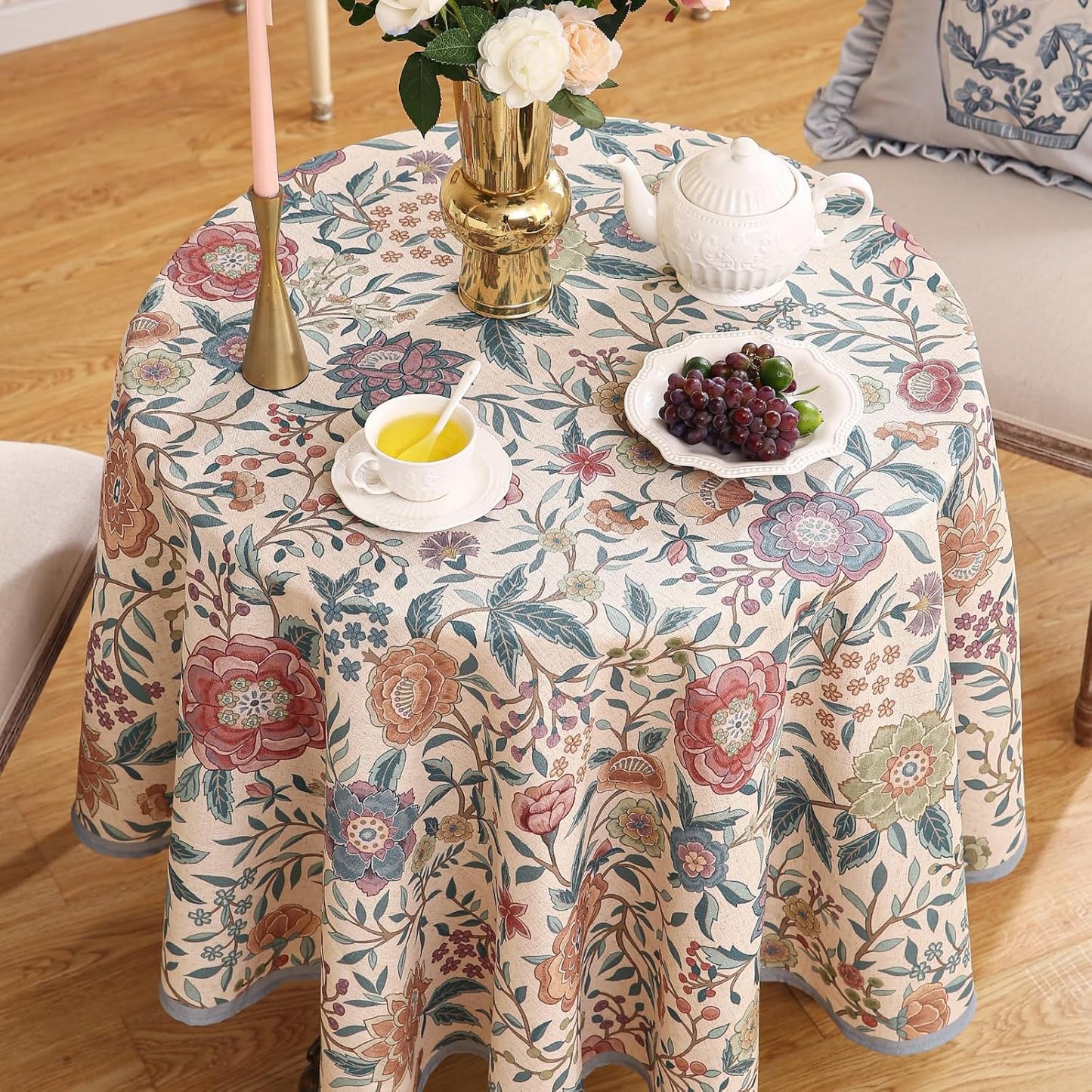 Designer Vintage Linen Round Tablecloth,French Rustic Floral Table Cloth with Colorful Pattern,Decor Table Cover for Kitchen,Dining,Thanksgiving,Christmas,Diameter 67"-Flowershadow a