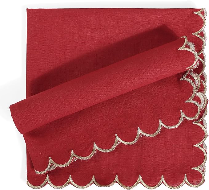 FINGERCRAFT Cloth Napkins, Everyday Use Scallop Design with Golden Zari, Premium Quality Natural Cotton Napkin Cloth Set of 6 Perfect for Parties Dinners Weddings Christmas 20x20 inch Tango Red
