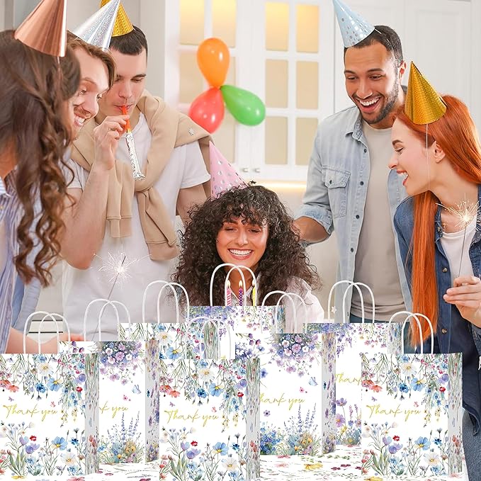 W WINTMING 24 Pcs Thank You Gift Bags with Handle Wildflower Paper Bags Floral Thank You Goodie Bag for Wedding Birthday Candy Treat Bag Shopping Wrapping (Wildflower)