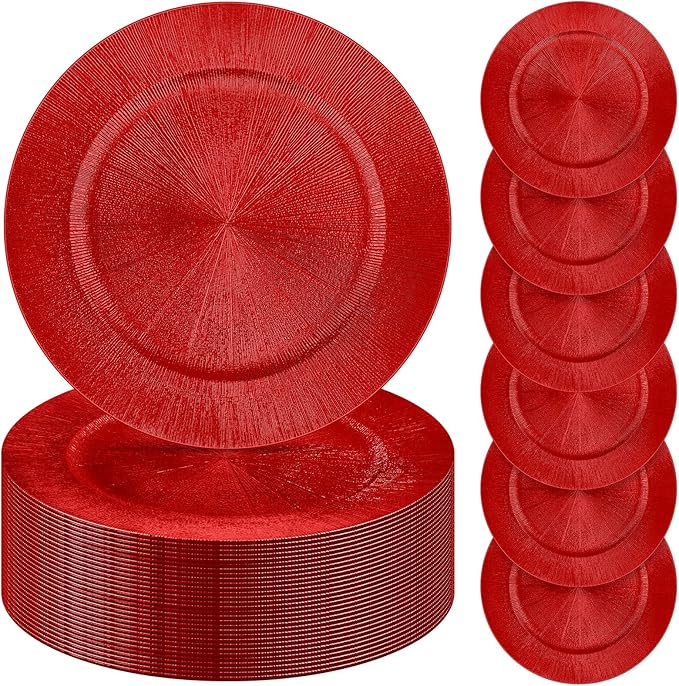 Tanlade 50 Pcs Charger Plates Bulk, 13 Inch Plastic Round Charger Dinner Plates Elegant Wedding Serving Plate for Event Tabletop Wedding Party Bridal Baby Shower Decor (Red)