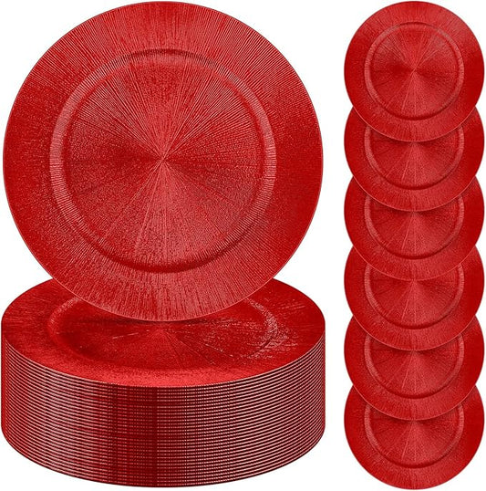 Tanlade 50 Pcs Charger Plates Bulk, 13 Inch Plastic Round Charger Dinner Plates Elegant Wedding Serving Plate for Event Tabletop Wedding Party Bridal Baby Shower Decor (Red)