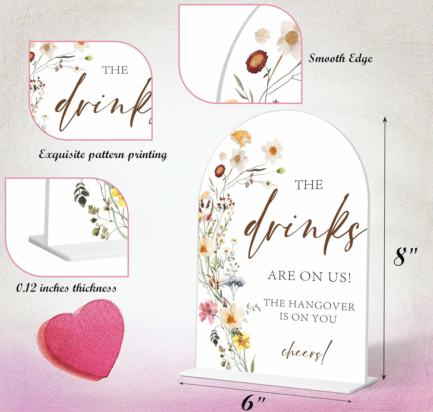Wedding Bar Sign, Flower Style Wedding Signs for Reception for Bridal Shower and Reception, Engagement, Bridal Shower Decorations, Wedding Shower Favors, 6X8 Inch Acrylic Arch Sign with Stand,18