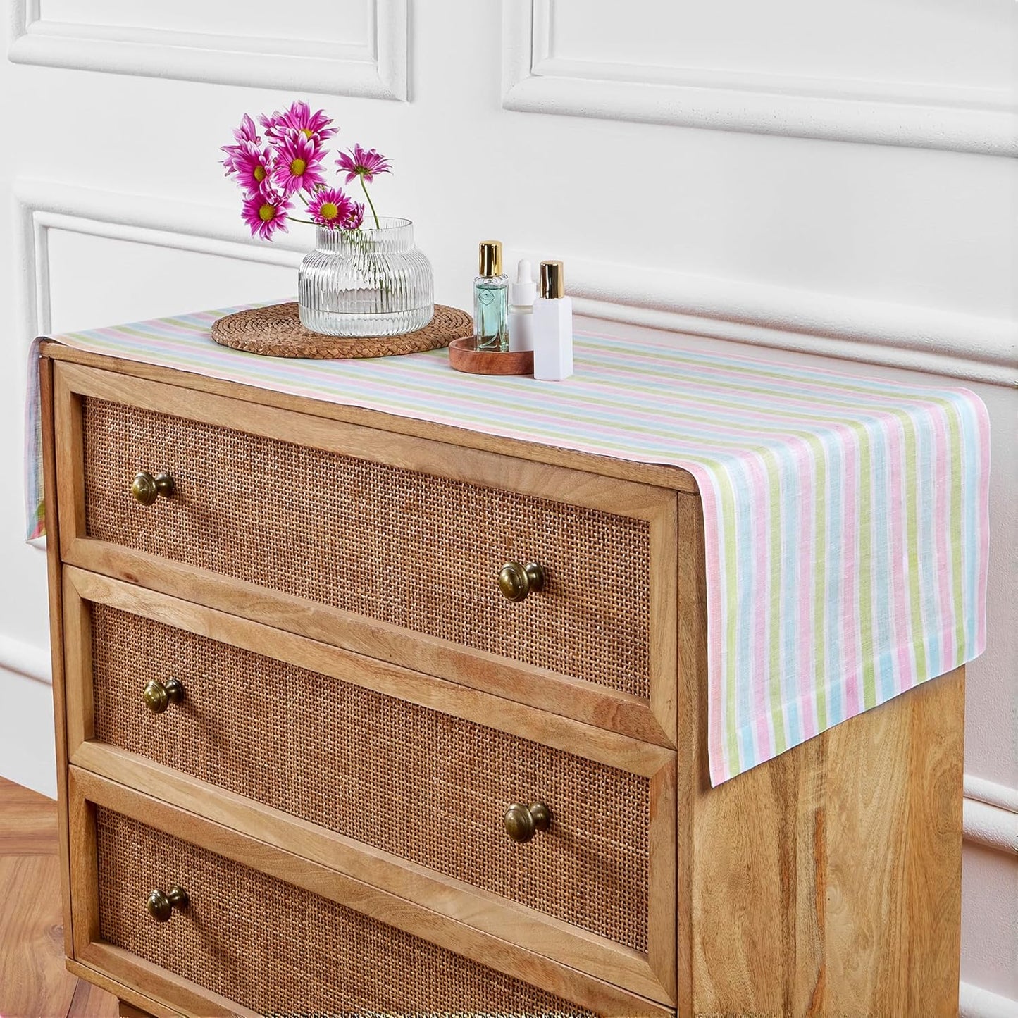 Solino Home Linen Table Runner 48 Inches - 100% Pure Linen Multicolor Palm Beach Stripe Farmhouse Table Runner 14 x 48 Inch Ideal for Dresser and Coffee Tables