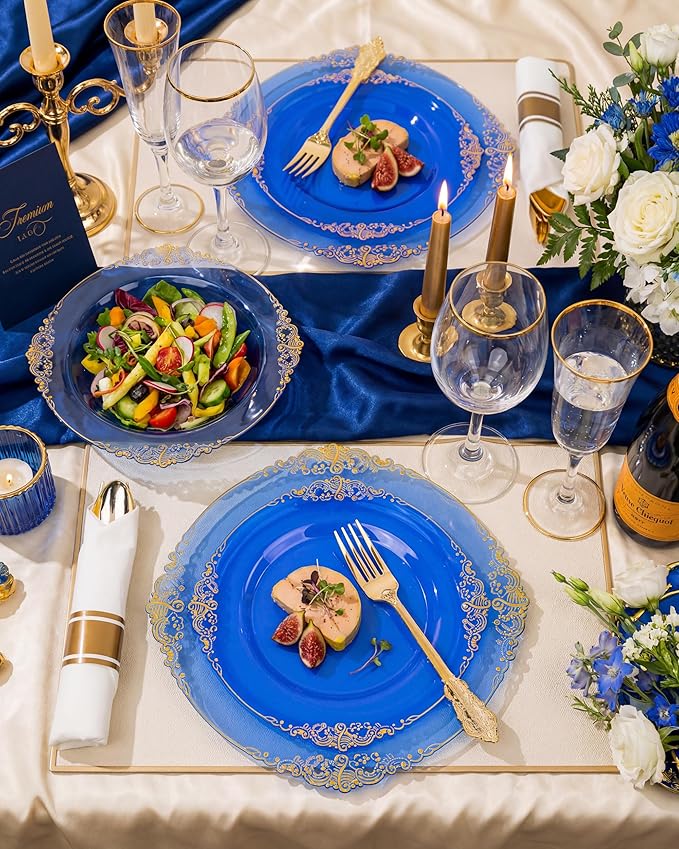 Nervure 350PCS CLear Blue Plastic Plates - Blue Gold Plastic Dinnerware Sets for 50 Guests - 100 Disposable Plates, 150 Silverware, 50 Cups, 50 Napkins for Wedding & Party