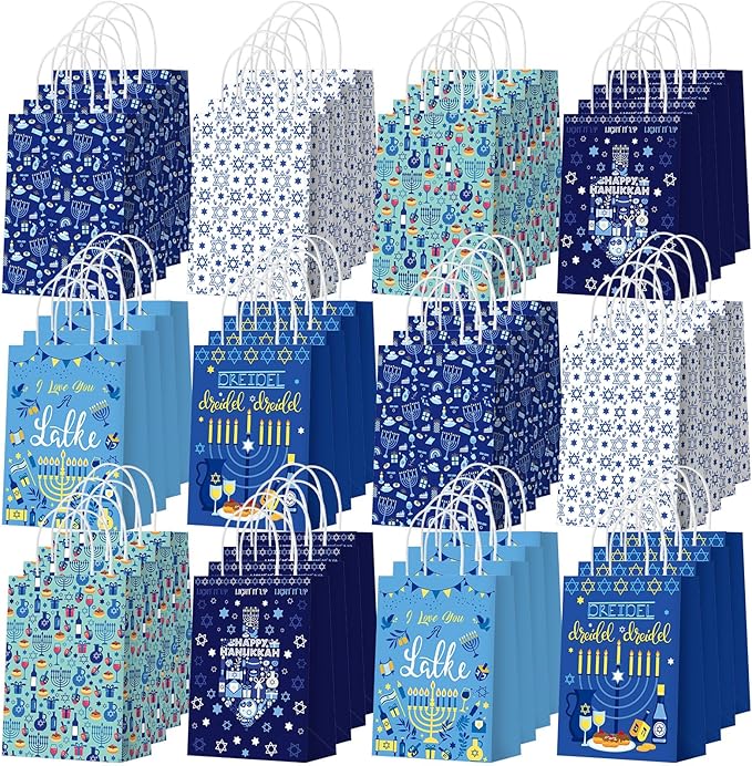 Outus 48 Pcs Hanukkah Party Favor Bags Chanukah Gift Goodie Paper Bags with Handles Jewish Menorah Blue Star of David Dreidel Candy Treat Pouch for Happy Hanukkah Party Decorations Supplies
