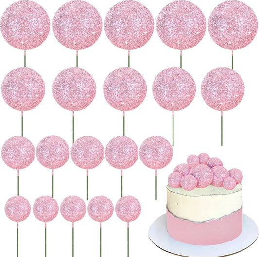 BEISHIDA 20 PCS Pink Glitter Bling Mini Ball Cake Toppers Foam Cake Balls Decoration Supplies for Happy Birthday Anniversary Wedding Baby Shower Graduation Christmas Cake Decorations