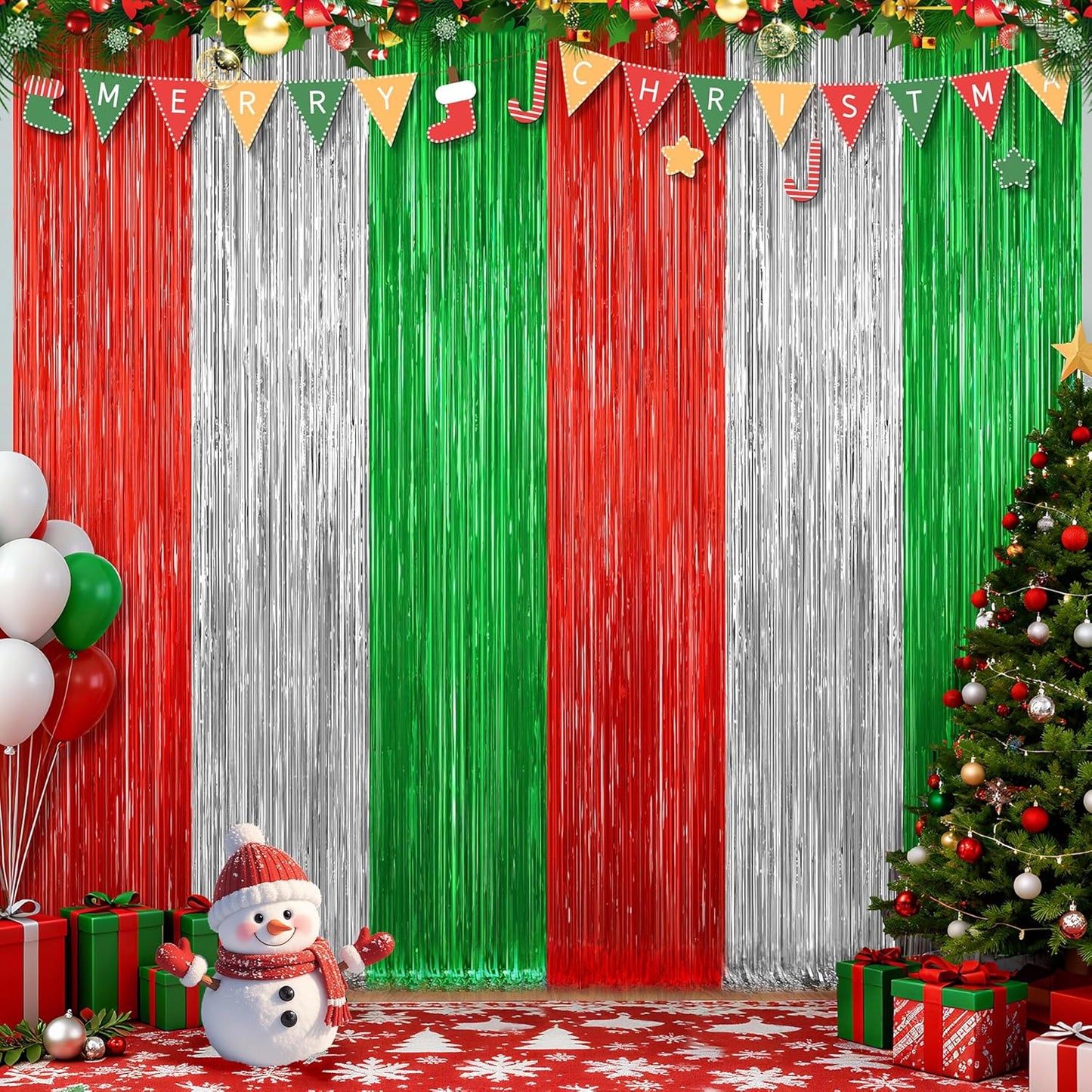 2 Pack Red Silver and Green Metallic Tinsel Foil Fringe Curtains, Door Streamers Photo Booth Backdrop for Birthday Party, Tinsel Curtain Backdrop for Christmas Theme Party Decorations