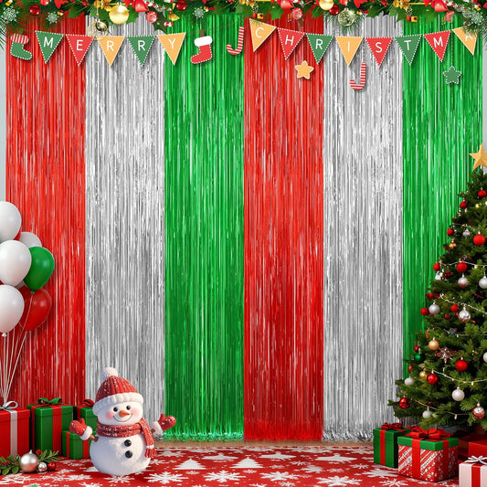 2 Pack Red Silver and Green Metallic Tinsel Foil Fringe Curtains, Door Streamers Photo Booth Backdrop for Birthday Party, Tinsel Curtain Backdrop for Christmas Theme Party Decorations