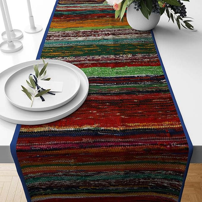 Trade Star Area Rug Runner Handloomed Cotton Runner Table Placemat Decorative Upcycled Fabric Premium Quality Reversible Table Runner Highly Durable Bedside (Blue)