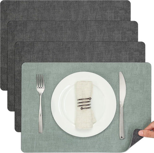 Myir JUN Dual Sided Faux Leather Placemats Set of 4 for Indoor Outdoor Dining Tables, Square Non-Slip Washable Wipeable Table Mats (Gray Sage Green)