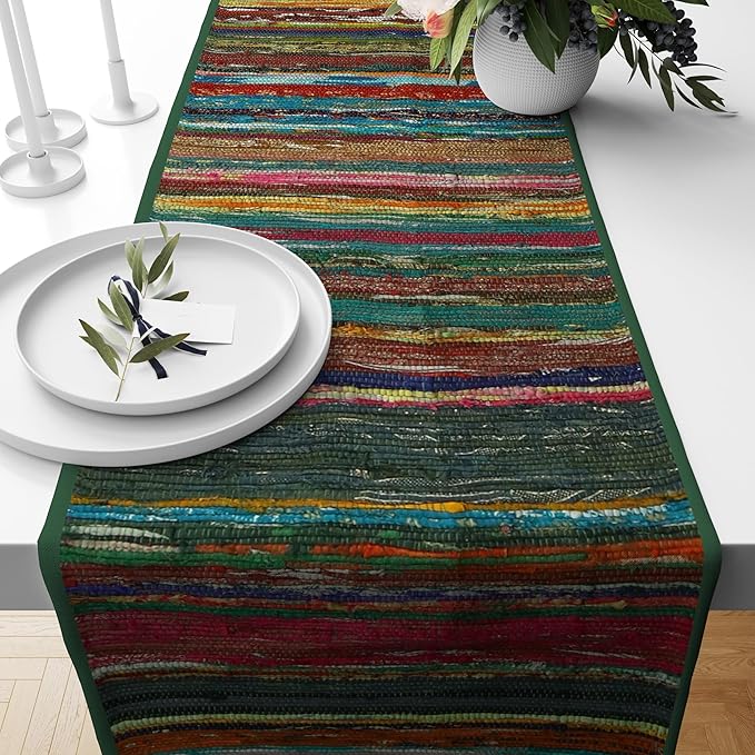 Trade Star Handloomed Table Placemat Reversible Bedside Runner Designed Area Rug Runner Decorative Upcycled Fabric Highly Durable Premium Quality Table Runner (Green)