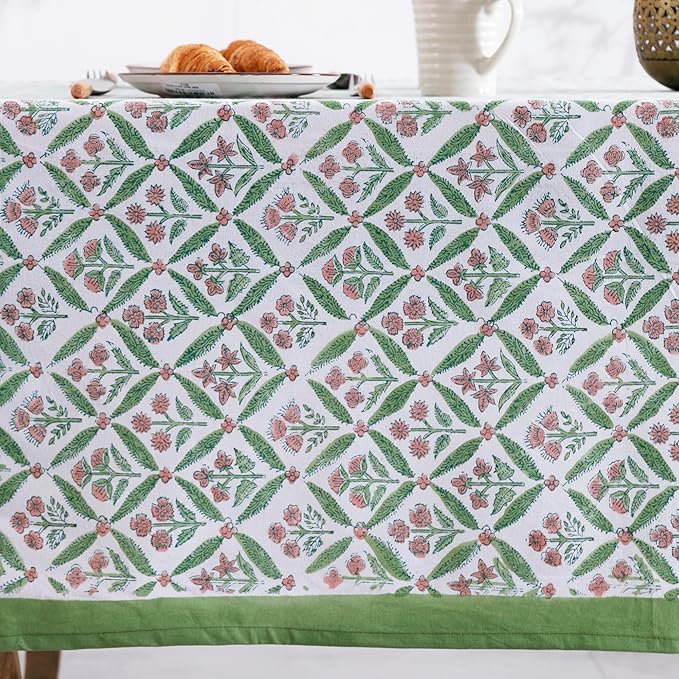 Labhanshi Indian Block Handprint Table Cloth|French Floral 8 Seater 72x108 Inch Rectangle Cotton Table Cover|Thanksgiving Baby Shower Dining Tablecloth|Outdoor Birthday Party Table Decor|Green Pink