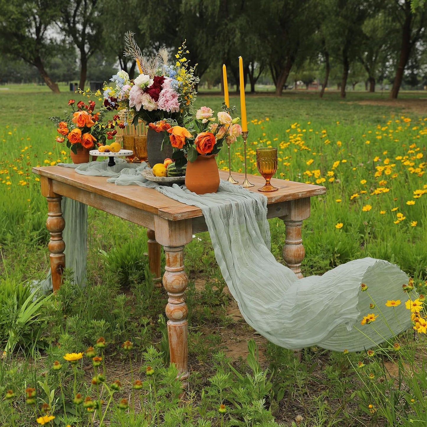 DOLOPL Christmas Table Runner, Green Cheesecloth Table Runner 13.3FT for Christmas Decorations Cheesecloth Table Runner for Forest Wedding Decorations Baby Decoration Party Long Sheer Centerpiece