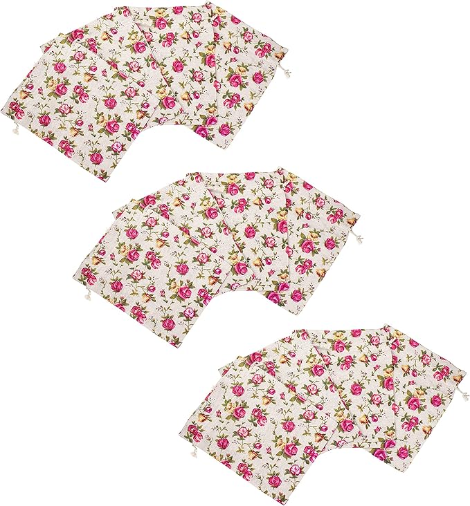 Mandala Crafts 6X8 Inch Rose Burlap Drawstring Gift Bags for Favors - 30 Medium Floral Linen Sacks Gift Pouches for Candy, Coffee, Jewelry, Wedding, and Party Supplies