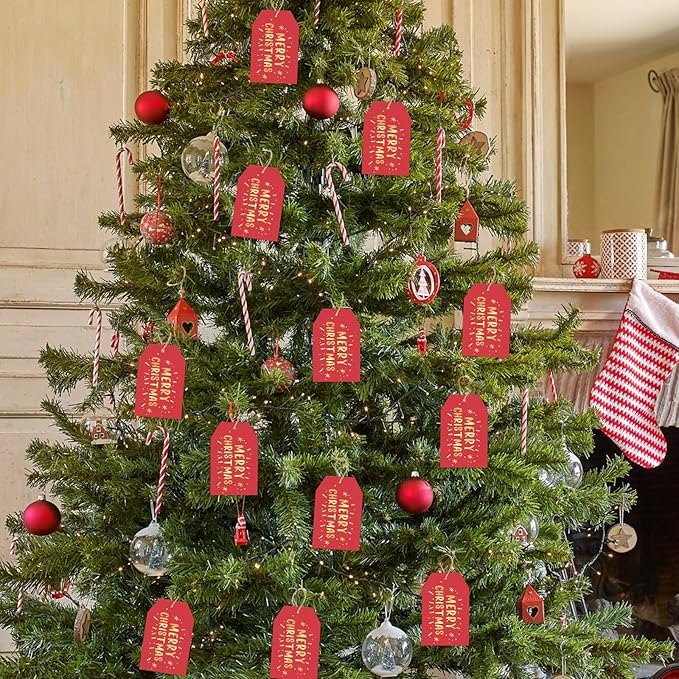 Anwyll Christmas Gift Tags with String - 50Pcs Gold and Red Merry Christmas Tags for Gifts Xmas Gift Tag Happy Holidays Hang Paper Label Tag for Present Wrapping Treat Goodie Bag Holiday Party Favors