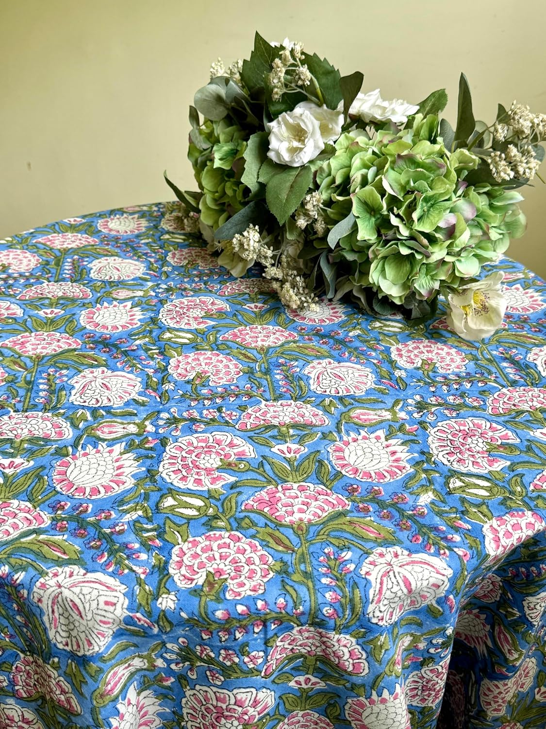 ATOSII Clover Pink 100% Cotton Round Tablecloth, Block Print Floral Table Cloth for Dining, Parties, Weddings, Outdoors, Holidays I 90" Inches, 6 Seater I Grandmillennial Farmhouse Spring Summer