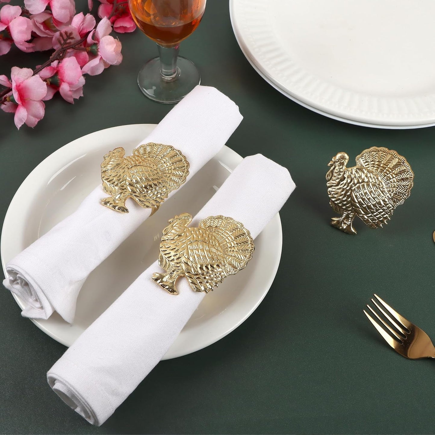 Set of 12 Turkey Napkin Rings for Thanksgiving Table Decor | Premium Metal Dinnerware Holders | Fall Harvest, Christmas & Holiday Banquet Accessories (Gold) - ALPHA Living HOME