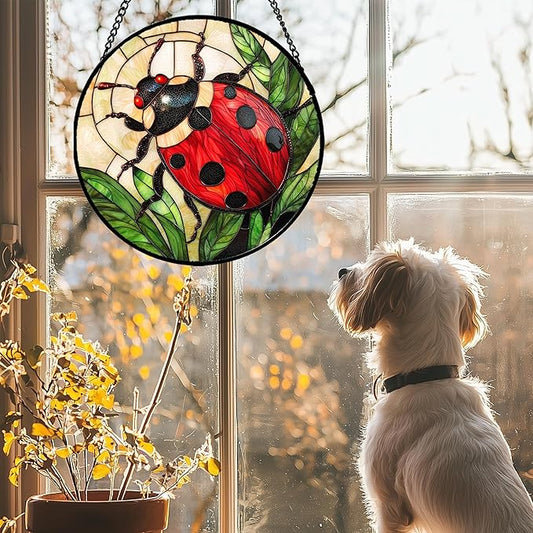 Stained Glass Window Hanging - Red Seven-Spotted Ladybug Sun Catcher for Door Home Decor Insect Suncatcher Christmas Mother's Day Birthday Gifts for Women Men Mom Nana 15 in