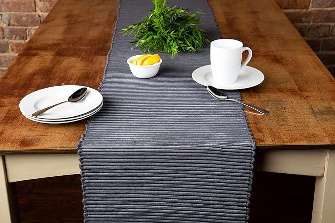 Sticky Toffee Cotton Table Runner, 14 x 72 Inch, Gray Woven Ribbed Farmhouse Boho Table Décor for Kitchen or Dining, Oeko-Tex Certified