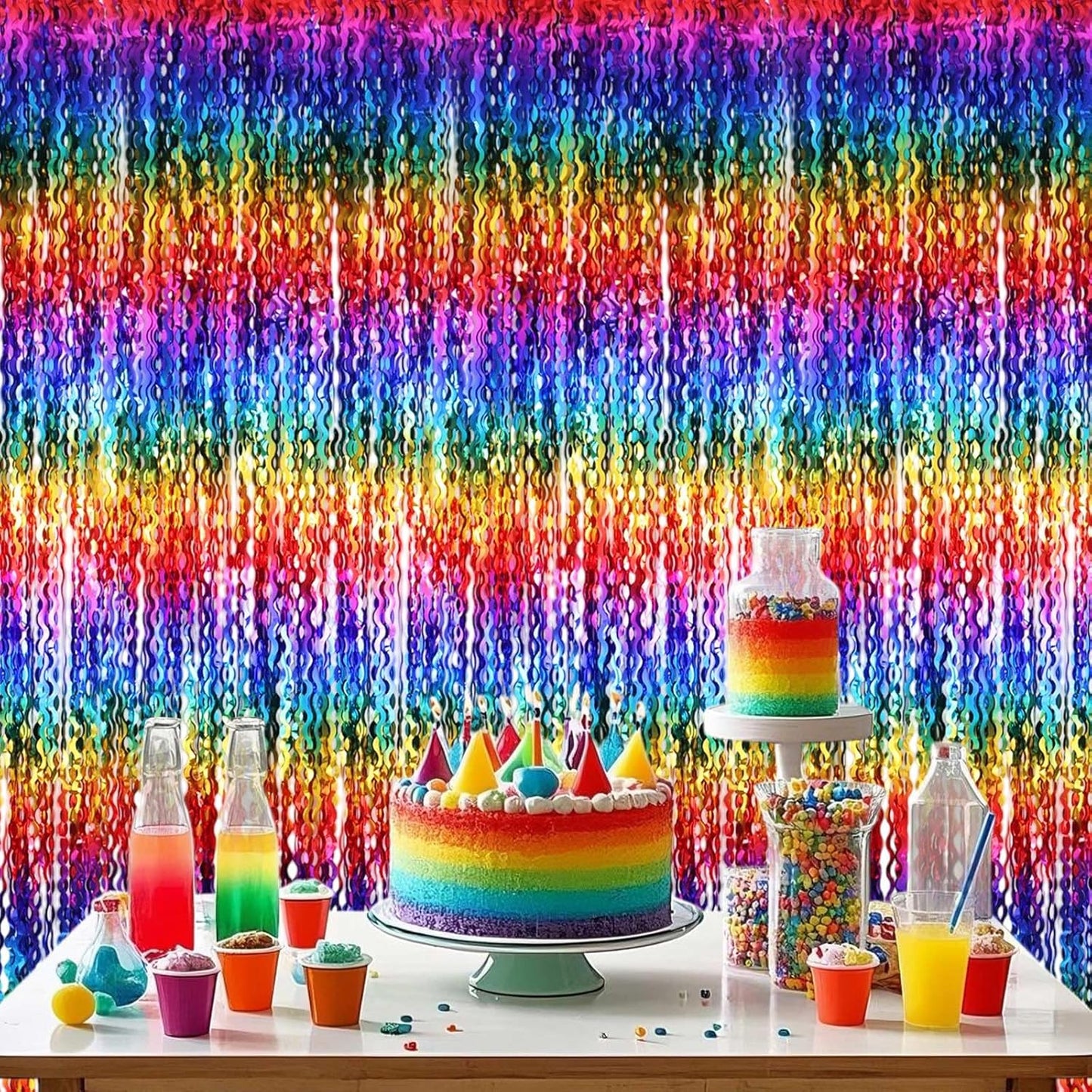 2 Pack Colorful Wavy Foil Fringe Curtain Backdrop, 3.3 X 6.6 Ft Rainbow Wavy Fringe Curtains, Colorful Streamer Shiny Metallic Tinsel Iridescent Streamers for Birthday Party Streamers Photo Booth