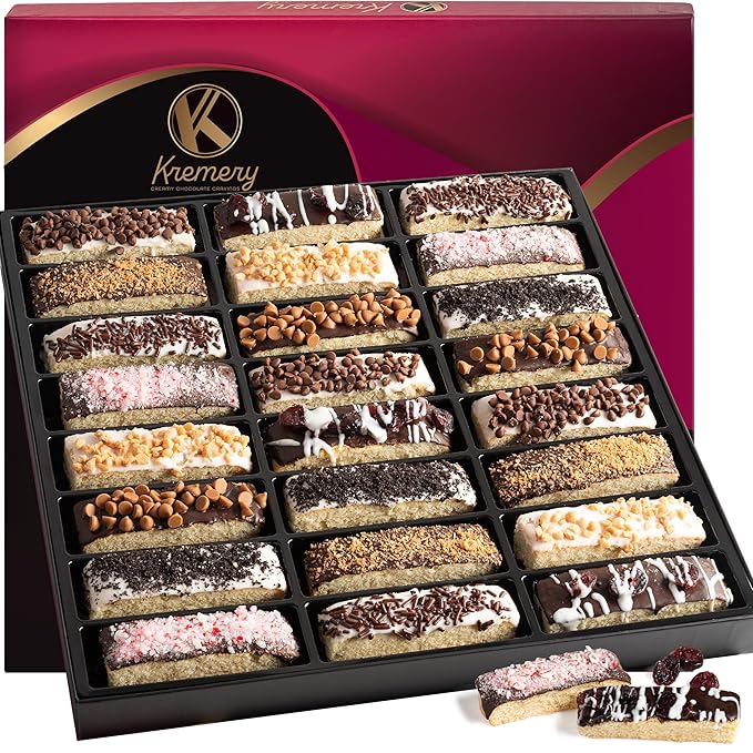 KREMERY Creamy Chocolate Cravings - Halloween Treats For Adults Chocolate Covered Biscotti Cookies Gift Basket, in Elegant Gift Box (24 Biscotties, Assorted Sweet Toppings) Holiday Xmas Christmas