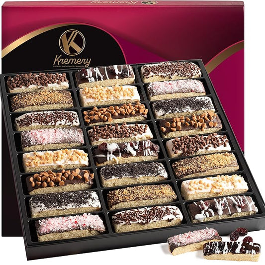 KREMERY Creamy Chocolate Cravings - Halloween Treats For Adults Chocolate Covered Biscotti Cookies Gift Basket, in Elegant Gift Box (24 Biscotties, Assorted Sweet Toppings) Holiday Xmas Christmas