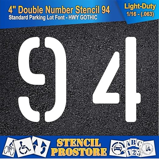 Pavement, Curb, and WheelStop Stencils - 4 inch Double Number Stencil - (94) - 4" x 5.5" x 1/16" (63 mil) - Light-Duty