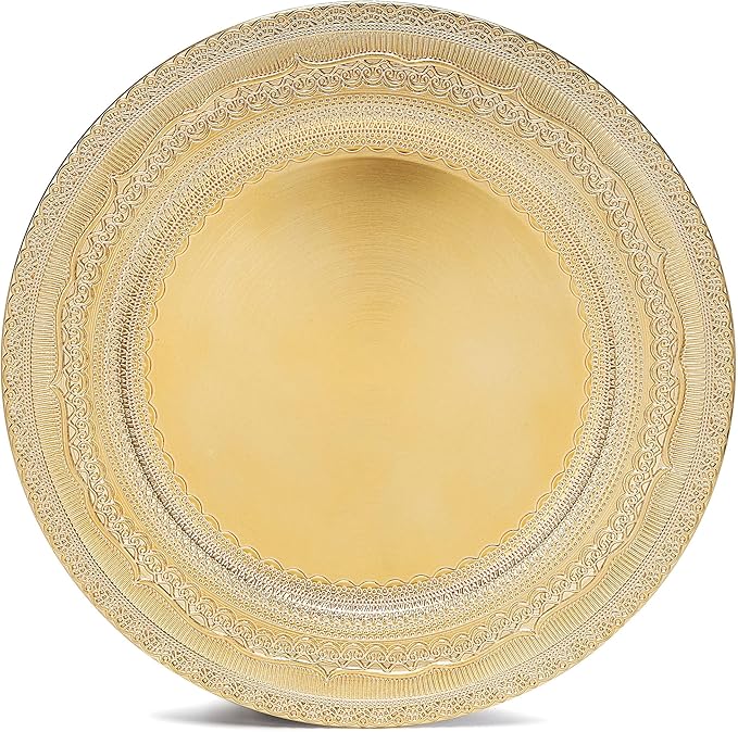 13 IN Gold Charger Plate Collection, 12-Piece Plastic Decorative Plates, Disposable Charger Plates Bulk for Anniversary Halloween Bachelor Party (Lace Gold, 12 PCS)