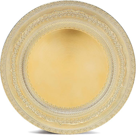 13 IN Gold Charger Plate Collection, 12-Piece Plastic Decorative Plates, Disposable Charger Plates Bulk for Anniversary Halloween Bachelor Party (Lace Gold, 12 PCS)
