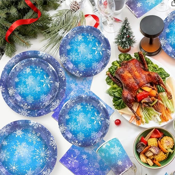 148pcs Snowflake Frozen Birthday Party Supplies,Blue and Purple Snowflake Winter Wonderland Paper Plates and Napkins Kit for Christmas Winter Holiday New Year Party Supplies Decorations,Serves 24