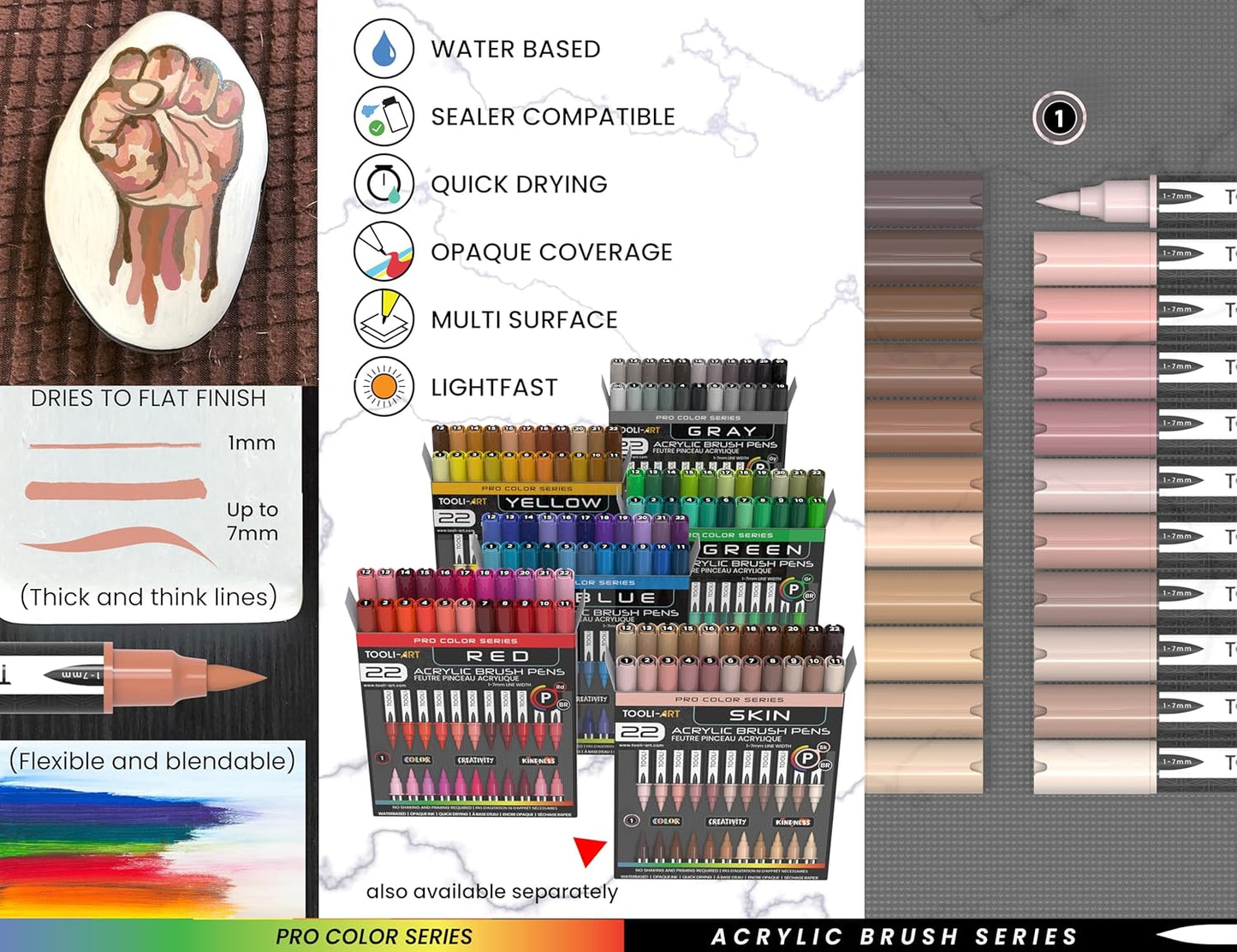 22 Flexible Brush Tip Acrylic Paint Pens Markers Set 1-7mm Line for Rock Painting, Brush Lettering, Glass, Mugs, Wood, Metal, Canvas, Fabric, Plastic. Non Toxic Waterbased Quick Drying Assorted Skin