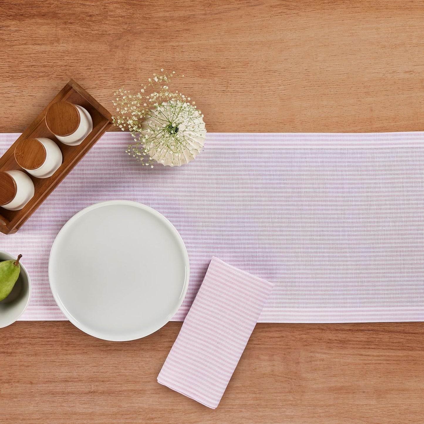 Solino Home Linen Striped Table Runner 120 Inches Long - Narrow Stripe 100% Pure Linen Pink and White Dining Table Runner 14 x 120 Inch for Halloween