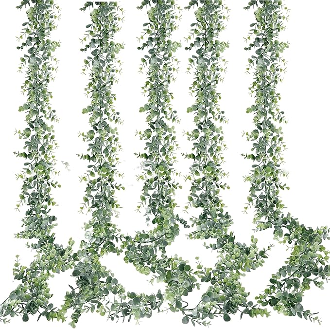 Sggvecsy Artificial Eucalyptus Garland 5 Pack Fake Eucalyptus Greenery Garland Faux Hanging Plants Artificial Vines, 5.6 Feet/Strand for Wedding Backdrop Arch Wall Table Party Outdoor Festival Decor