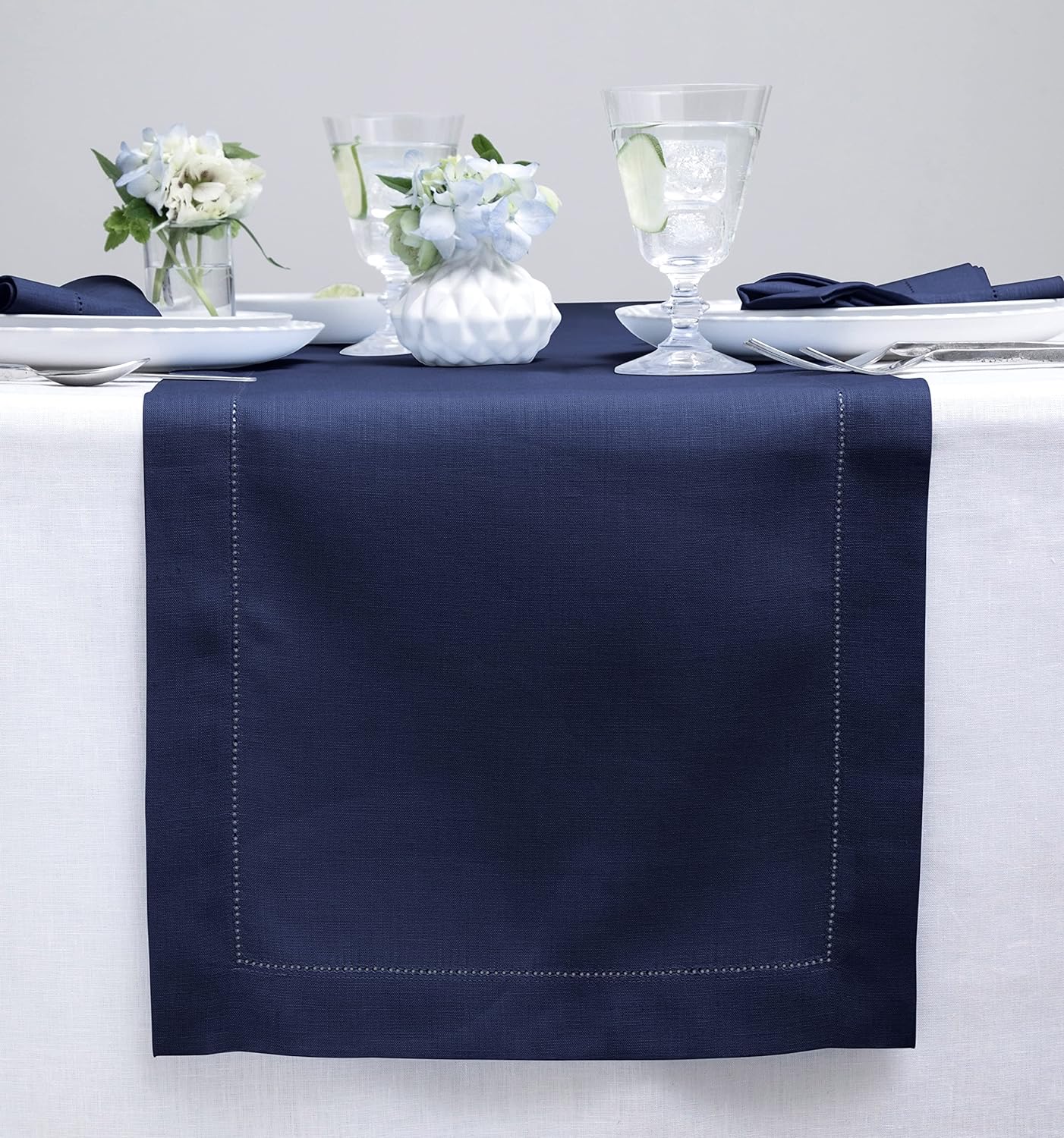 Solino Home Linen Navy Blue Table Runner 132 Inches Long - 100% Pure Linen Extra Long Table Runner 14 x 132 Inch for Fall, Autumn, Thanksgiving, Christmas - Classic Hemstitch