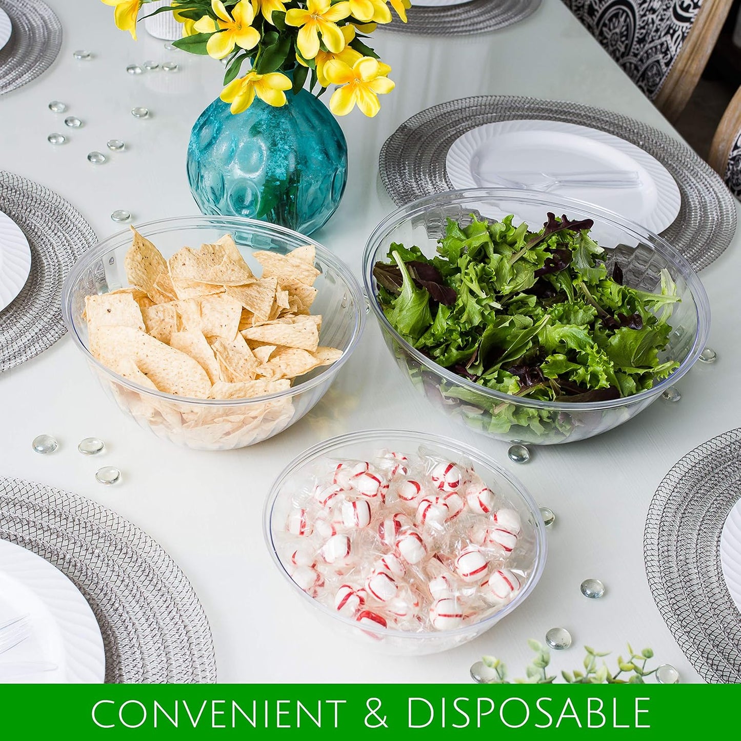 PLASTICPRO Disposable Round Crystal Clear Serving Bowls, Party Snack or Salad Bowl, Plastic Chip Dish, Candy Dish (4, 48 OUNCE)