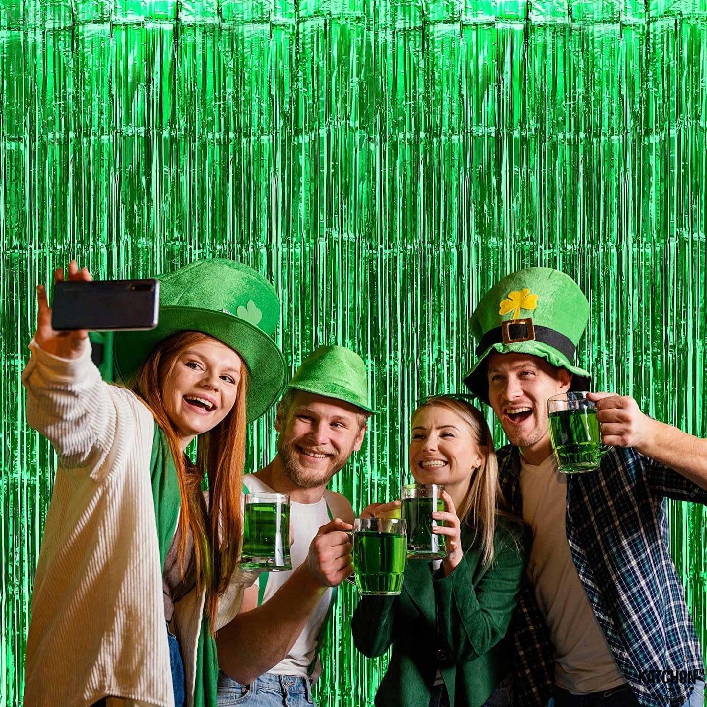 4 Pack Green Foil Fringe Curtain Backdrop, 3.28Ft x 6.56Ft Metallic Tinsel Foil Fringe Streamers Curtains for Photo Booth, Wedding, Thanksgiving, Birthday, Christmas, Halloween Party Decoration