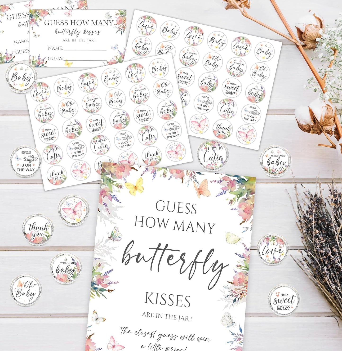 How Many Butterfly Kisses Baby Shower Game Set - Standing Sign, 50 Guessing Cards, 180 Stickers for Kid Showers