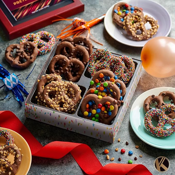 KREMERY Creamy Chocolate Cravings - Halloween Treats For Adults Chocolate Covered Pretzel Twists Gift Basket, in Brown Gift Box (12 Pretzels, Assorted Sweet Toppings) Holiday Xmas Christmas