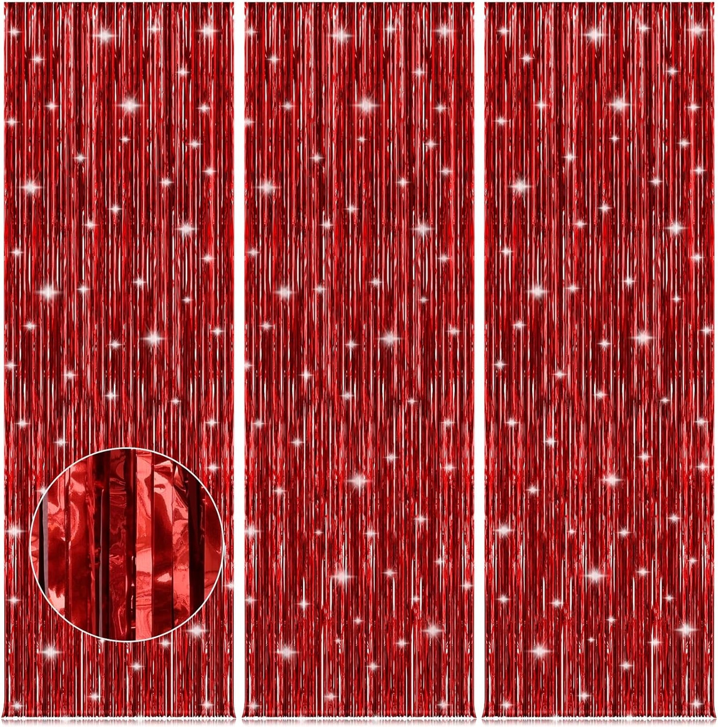 Accevo Red Party Streamers 3 Pack Metallic Foil Fringe Curtains Backdrop Curtains 3.2x8.2 Ft Tinsel Streamers for Parties Valentine's Day Christmas Carnival Decorations Casino Theme Party Decor