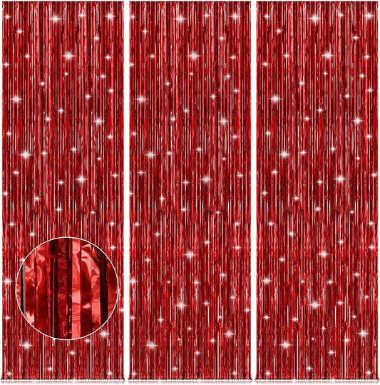 Accevo Red Party Streamers 3 Pack Metallic Foil Fringe Curtains Backdrop Curtains 3.2x8.2 Ft Tinsel Streamers for Parties Valentine's Day Christmas Carnival Decorations Casino Theme Party Decor