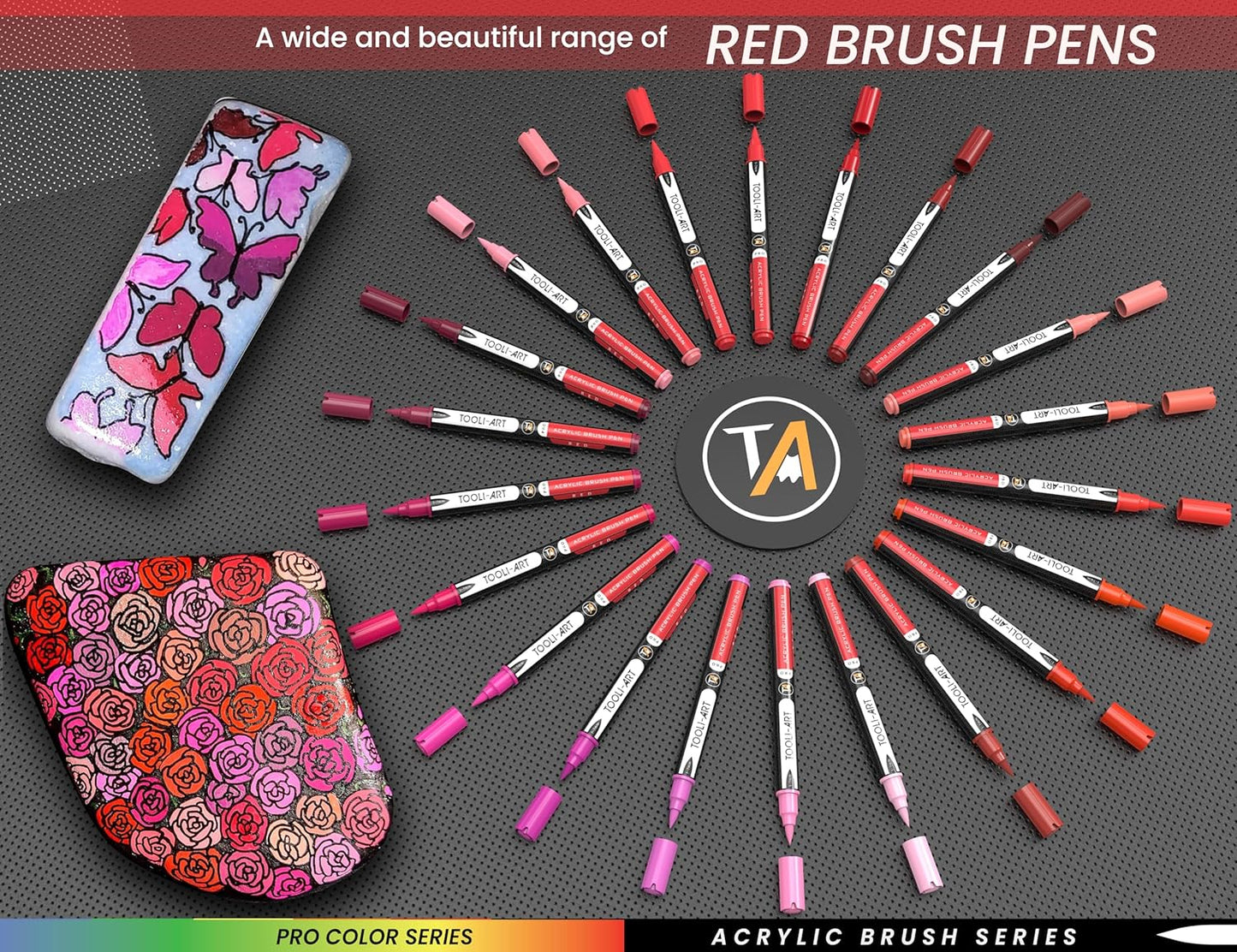 22 Flexible Brush Tip Acrylic Paint Pens Markers Set 1-7mm Line for Rock Painting, Brush Lettering, Glass, Mugs, Wood, Metal, Canvas, Fabric, Plastic. Non Toxic Waterbased Quick Drying Assorted Red