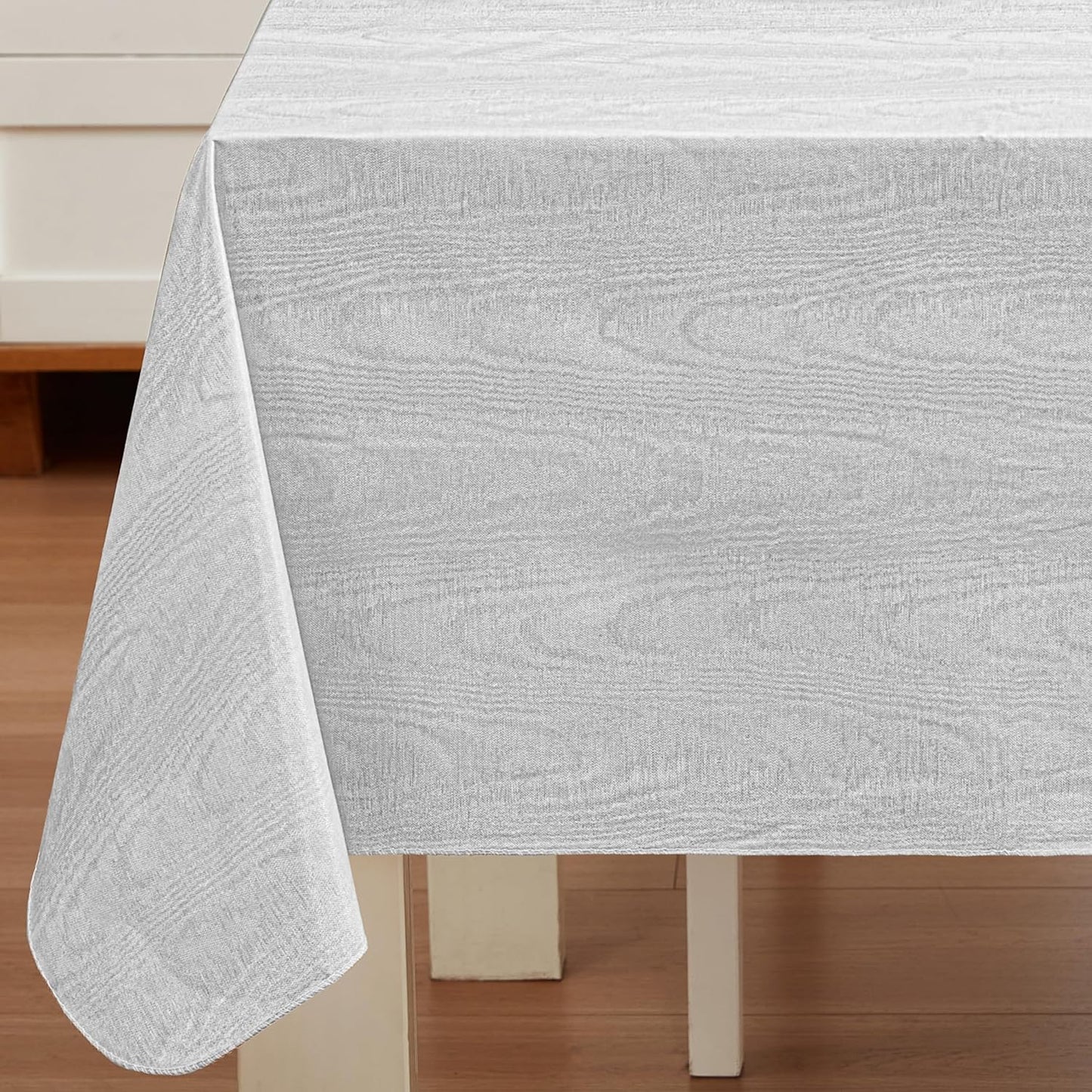 Newbridge Vinyl Flannel Backed Tablecloth, 60 x 102 Inch Rectangle, Silvery White Moire Wavy Solid Design, Heavyweight Indoor Outdoor Waterproof Table Cover, Easy Care Wipe Clean